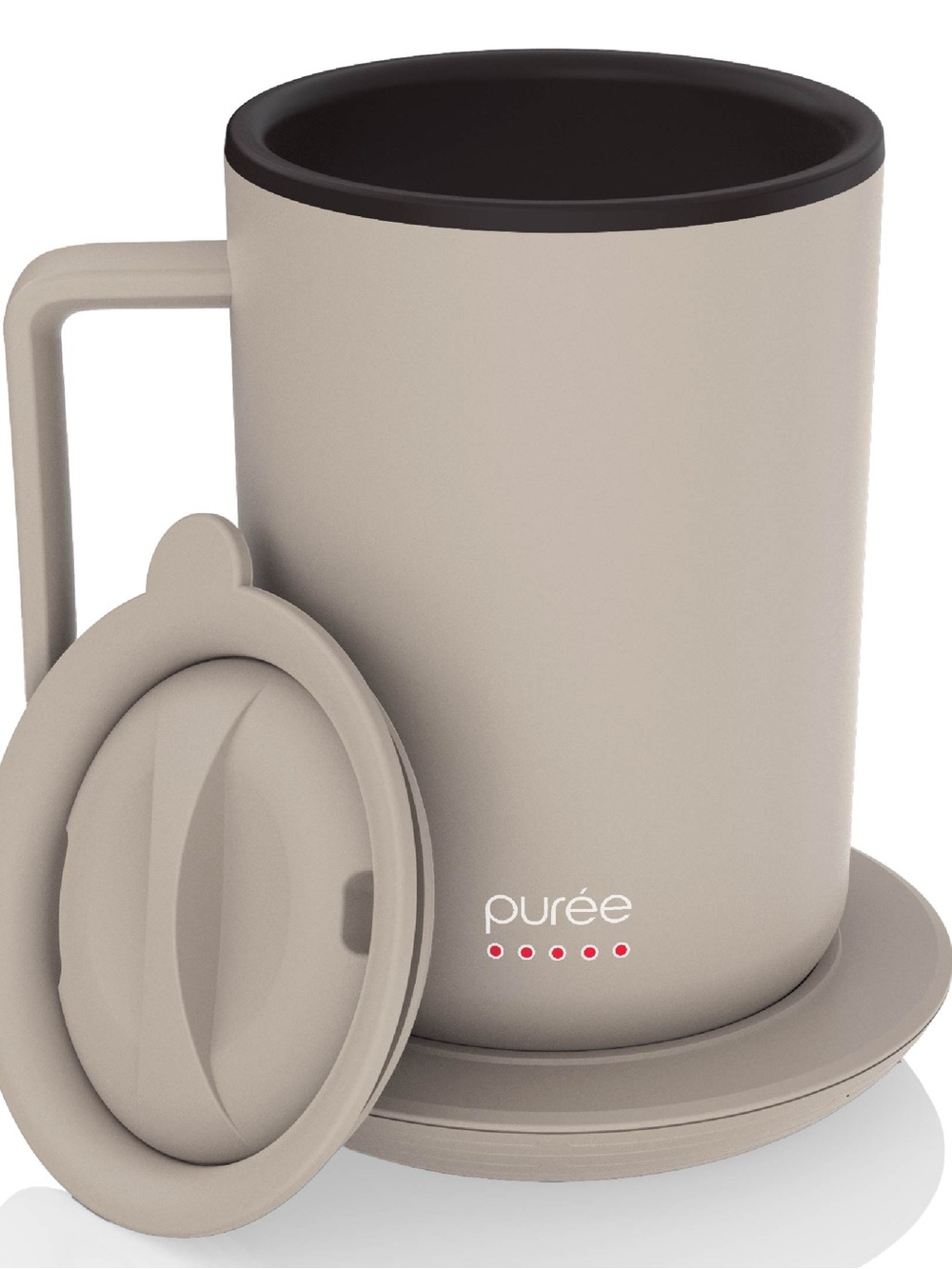 Tzumi Puree Warming Coffee Mug Stainless Steel Warmer Coaster and Lid Grey